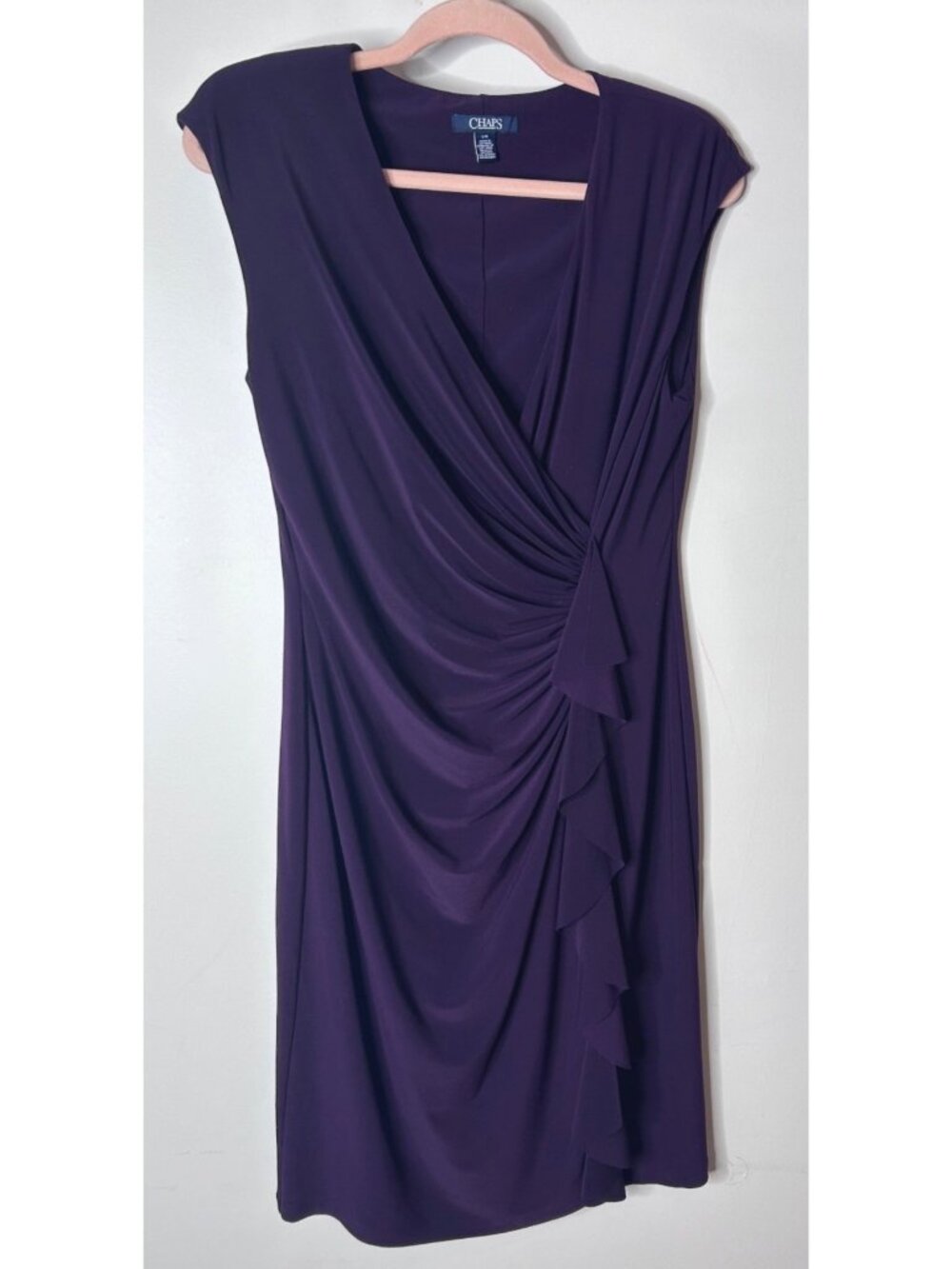 Chaps Draped Faux Wrap Suplice Midi Dress Womens L Purple Cocktail Stretch Knit